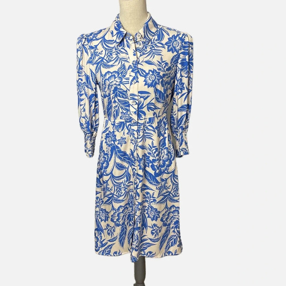 Cabi Athena Button Front Midi Dress Floral Print Puff Shoulder Cream Blue XS - Picture 2 of 13